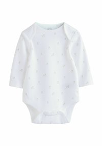 Bodysuit blanc à manches longues en coton, arborant un motif de petits ours dispersés et des fermetures à pression au bas pour un enfilage facile.