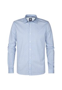 Camicia azzurra chiara con un piccolo motivo ad ancora, maniche lunghe, colletto classico e bottoni bianchi. Tessuto misto cotone con una texture liscia.