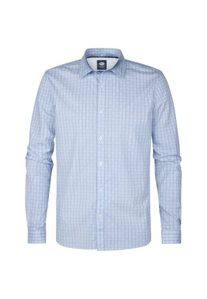 Světle modrá košile s dlouhým rukávem, klasickým límcem a malým vzorem kotev. Materiál z bavlněné směsi s hladkou texturou a bílými knoflíky.