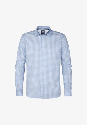 Helle blaue Hemdbluse mit kleinem Anker-Muster, langen Ärmeln, klassischem Kragen und weißen Knöpfen. Baumwollmischgewebe mit glatter Textur.