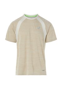 T-shirt de sport beige à manches courtes avec des panneaux latéraux en mesh blanc, col rond et petit logo réfléchissant sur la poitrine.