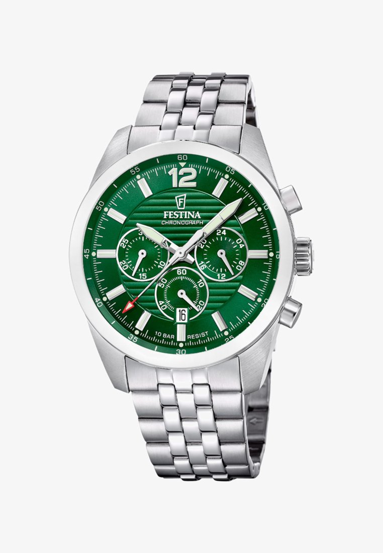 Reloj cronógrafo Festina de metal plateado con esfera verde, tres subesferas, ventana de fecha a las 6 en punto y agujas y marcadores luminosos.
