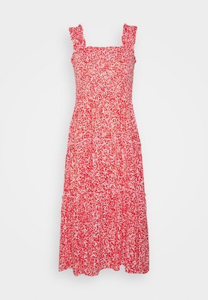 Rotes und weißes ärmelloses Midikleid mit Rüschenträgern und abstraktem Blumenmuster.