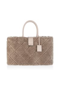Beige faux fur handbag with diamond quilted texture, smooth leather handles, and a detachable tag. Features a silver-tone clasp closure.