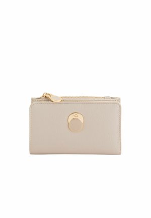 Beige leather wallet with a textured finish, gold zipper, and round gold accent on the front. Compact design suitable for cards and cash.
