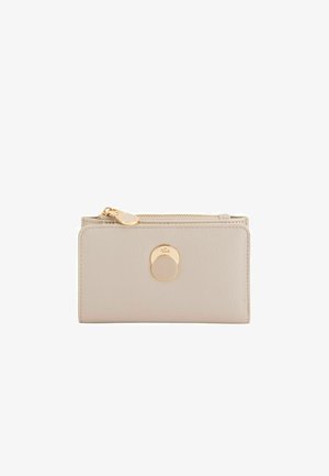 Beige leather wallet with a textured finish, gold zipper, and round gold accent on the front. Compact design suitable for cards and cash.
