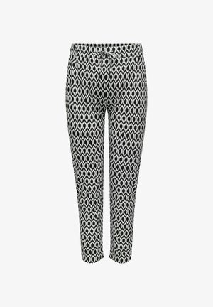 Zwart-witte broek met een hexagonaal patroon, voorzien van een elastische tailleband en een trekkoord voor een verstelbare pasvorm.