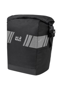 Sac à dos noir avec des bandes réfléchissantes grises ; doté d'une fermeture enroulable et d'une boucle latérale ajustable ; fabriqué à partir d'un tissu durable.
