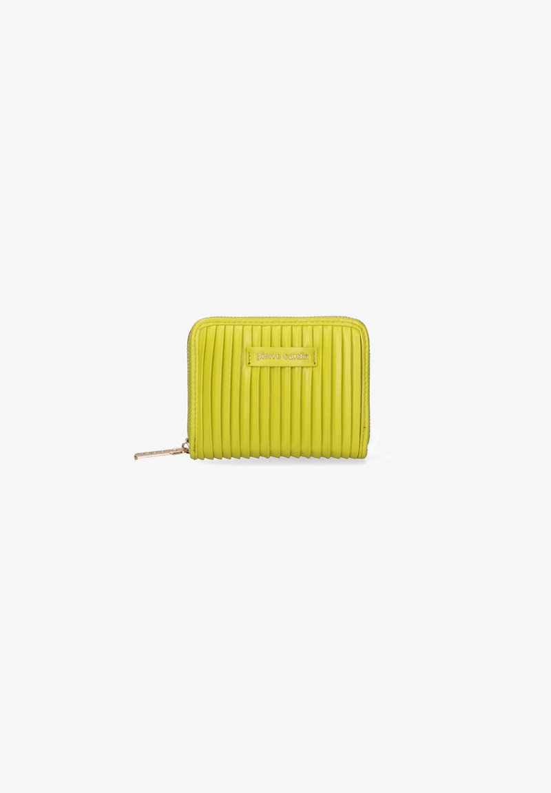 Yellow pleated wallet made of leather, featuring a zip closure and a gold-tone logo plaque on the front. Textured surface with vertical lines.