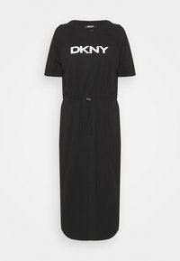 Svart jerseykjol med korta raglansärmar, elastisk midja och en vit "DKNY"-logotyp på framsidan. Slät textur, ankellång design.