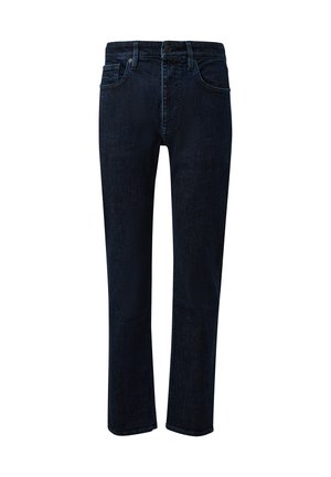 Jeans in denim blu scuro con un design a gamba dritta, caratterizzati da cinque tasche, una chiusura con bottone e zip, e dettagli di cucitura sottili.