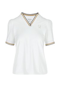 Witte korte mouwen overhemd met V-hals, voorzien van gouden en zwarte strepen op de kraag en mouwen, en een subtiele logo op de borst.