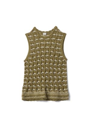 Top senza maniche verde oliva in maglia con strisce orizzontali bianche intrecciate e scollatura a girocollo e orlo a coste.