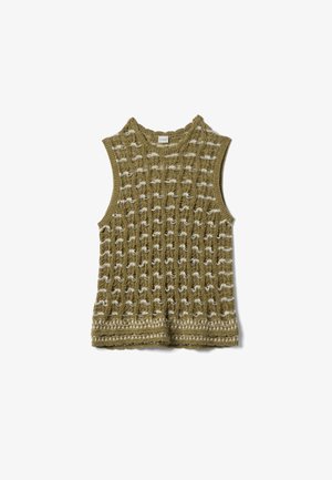 Top senza maniche verde oliva in maglia con strisce orizzontali bianche intrecciate e scollatura a girocollo e orlo a coste.