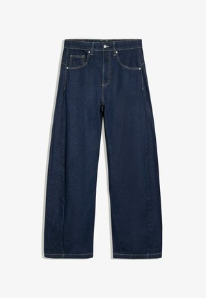 Jeans en denim bleu foncé à jambes larges avec poches avant, passants de ceinture et fermeture par bouton à la taille.