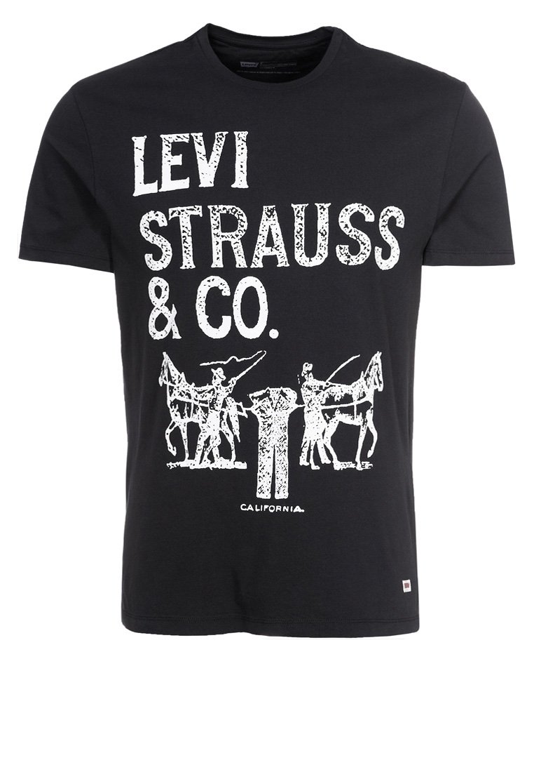 Černé bavlněné tričko s výrazným bílým nápisem "LEVI STRAUSS & CO." a grafickým designem dvou koní s jezdci. Klasický kulatý výstřih.