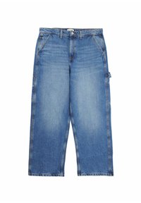 Pantalons en denim bleu clair, coupe large avec taille haute, cinq poches et détails de coutures visibles. Comprend une poche latérale sur la jambe gauche.