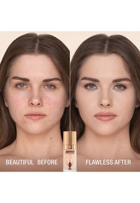 Airbrush foundation bottle between two faces; left features visible acne, right shows smooth skin. Light and neutral tones, even texture.