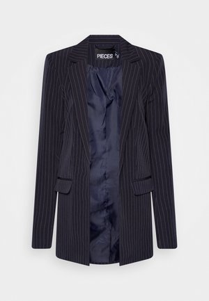 Navy pinstripe blazer with a tailored design, notched lapels, two front pockets, and a smooth inner lining. Open front with long sleeves.