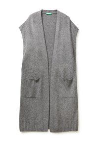 Šedá pletená dlouhá vesta s otevřeným předním dílem, krátkými rukávy, dvěma předními kapsami a žebrovaným lemem. Měkká textura, lehký design.