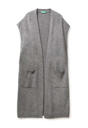 Grauer gestrickter langer Weste mit offenem Vorderteil, kurzen Ärmeln, zwei vorderen Taschen und geripptem Saum. Weicher Stoff, leichtes Design.