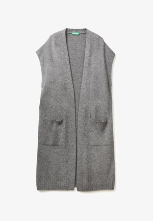Gray knitted long vest with open front, short sleeves, two front pockets, and ribbed hem. Soft texture, lightweight design.