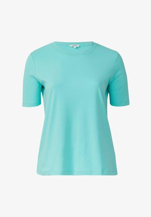 Helles türkisfarbenes T-Shirt mit kurzen Ärmeln, aus weicher Baumwolle gefertigt, mit einem klassischen Rundhalsausschnitt und einem lässigen Schnitt. Glatte, unebene Textur.