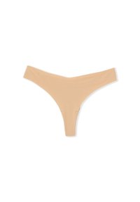 Tanga beige sin costuras con cinturilla ancha, textura suave y mínima costura, colocado plano sobre un fondo blanco.