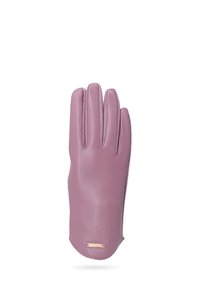Guanto in pelle viola con tre dita e vestibilità aderente. Presenta una texture liscia e un accento dorato con marchio sul polso.