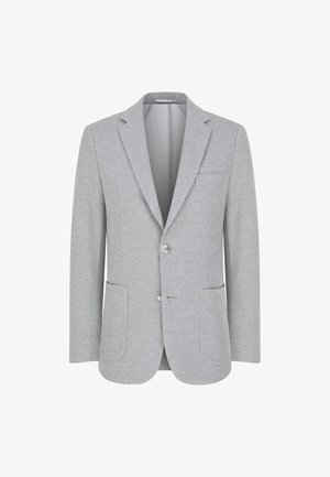 Jasnoszara męska marynarka w subtelny wzór w kratę, z dwoma guzikami, klapami z wycięciami i naszywanymi kieszeniami z przodu.