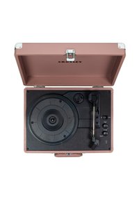 Portable turntable in light pink casing, featuring a black platter, tonearm, and control knobs for pitch, volume, and power.