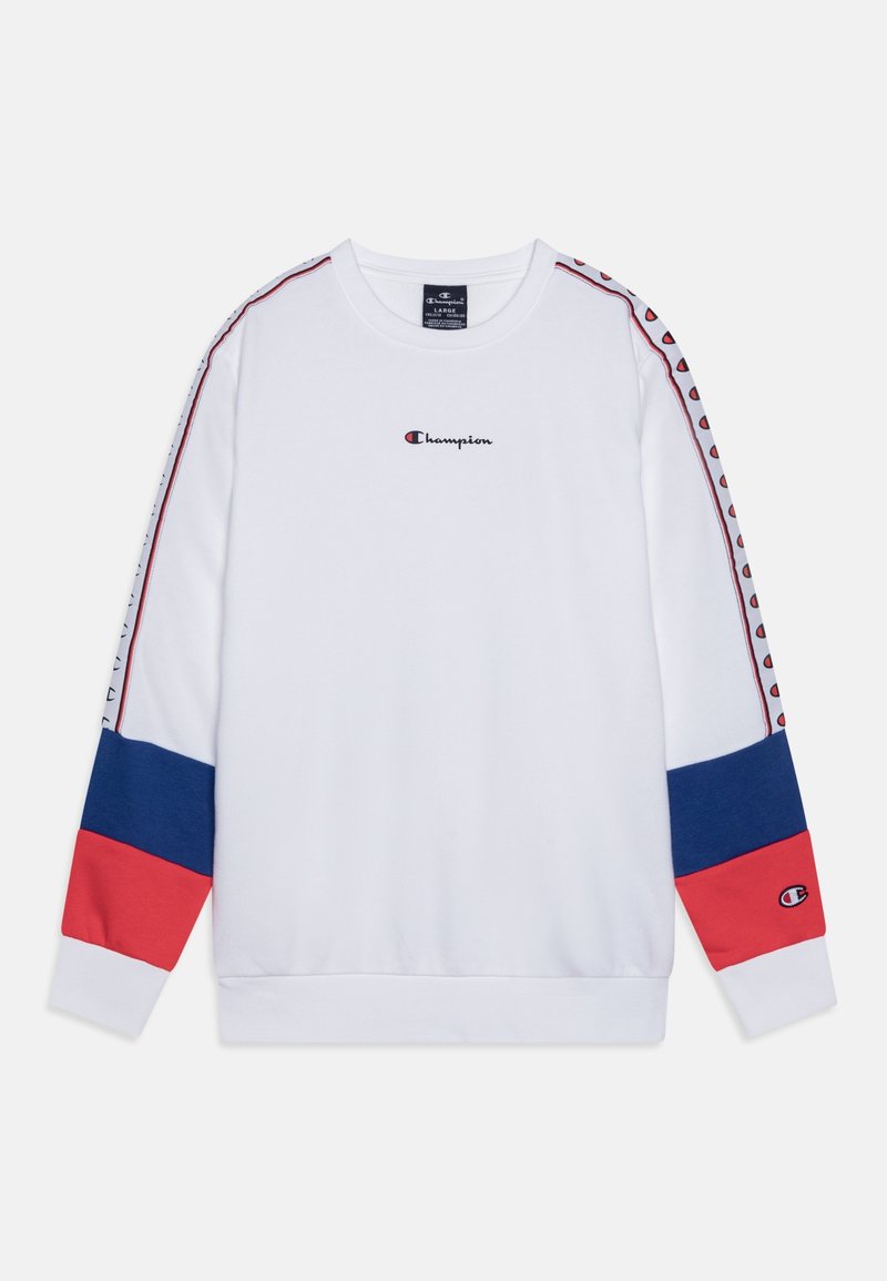 Felpa bianca con maniche lunghe. Presenta accenti rossi e blu sulle maniche e un piccolo logo ricamato sul petto.