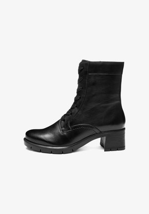 Black leather ankle boot with a rounded toe, lace-up front, and a textured block heel. Features stitching accents and a sturdy rubber sole.