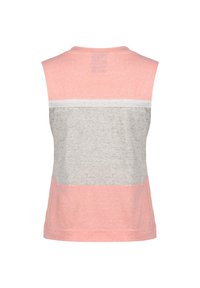Bezrękawnik sportowy w stylu color-block, z jasnoróżową górną częścią i szarą środkową; wykonany z miękkiego, oddychającego materiału.