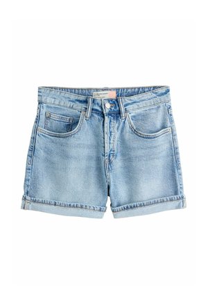 Jasnoniebieskie szorty jeansowe z podwiniętymi nogawkami, zapięciem na guzik i suwak z przodu, szlufkami na pasek oraz kieszeniami z przodu i małą kieszonką na monety.