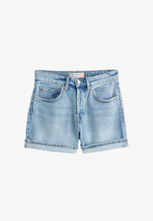 Pantaloni scurți din denim bleu deschis, cu tivuri rulotate, închidere frontală cu nasturi și fermoar, bucle pentru curea, buzunare frontale și buzunar mic pentru monede.