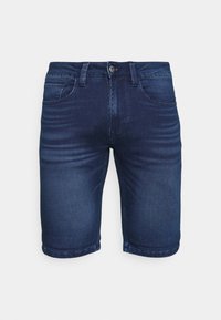 Bermudas de mezclilla azul oscuro, hasta la rodilla, con bolsillos delanteros, cierre de botón y detalles de desgaste sutil en los muslos.