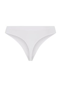 Białe bawełniane stringi o gładkiej fakturze, niskim stanie i minimalnym kryciu. Prosty design bez wzorów i ozdób.