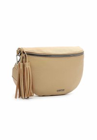 Beige leren tas met een bovenrits, zijfranje detail en een gladde textuur. Heeft een subtiele merklogo op de voorkant.