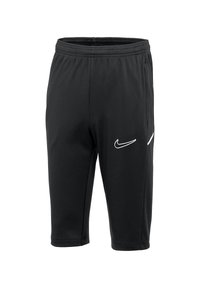 Zwarte sportshorts van lichtgewicht stof met een elastische tailleband. Heeft een wit Nike-logo op de voorkant en zijaccenten.