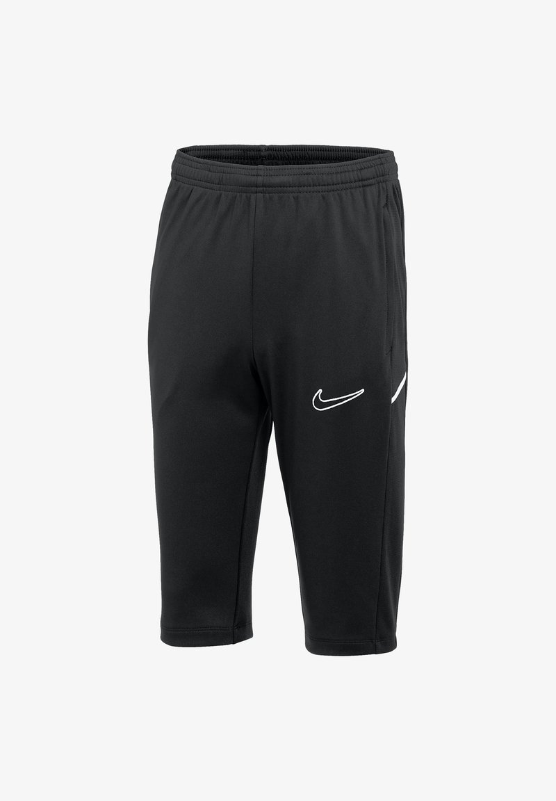 Black athletic shorts made of lightweight fabric with an elastic waistband. Features a white Nike logo on the front and side accents.