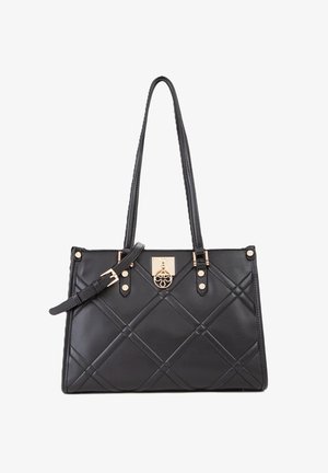 Sac à main en cuir noir avec design matelassé, ferrures dorées, bandoulière amovible et doubles poignées. Comprend des clous décoratifs et un fermoir.