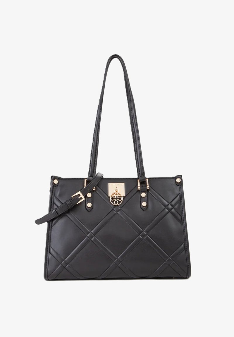 Bolso de mano de cuero negro con diseño acolchado, herrajes dorados, correa desmontable y doble asa. Presenta tachuelas decorativas y un cierre.