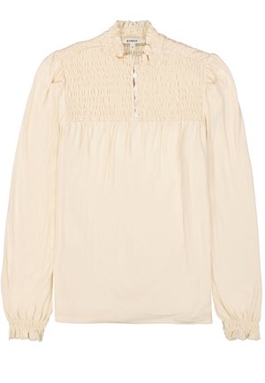 Crème-kleurige blouse met lange mouwen, gedetailleerde smock op de borst, ruches bij de kraag en knoopsluiting, en voorzien van elastische manchetten voor een geplooid effect.