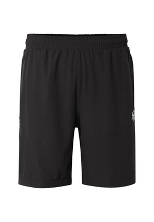 Czarne szorty z elastycznym pasem i małym białym logo na prawej nogawce, o prostym kroju i lekkiej tkaninie.