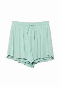 Lichte groene shorts van zachte stof. Voorzien van een elastische tailleband, koordje en geplooid ontwerp met zijslitten.