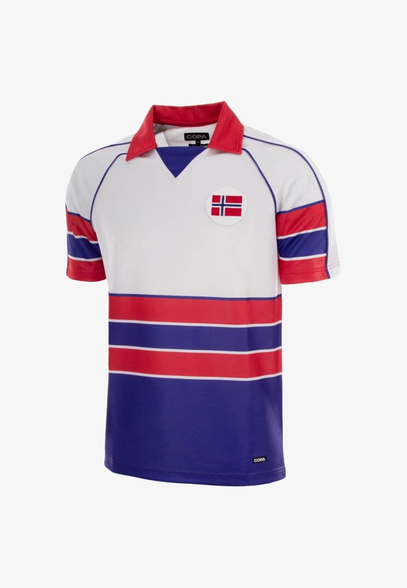 White, red, and blue short-sleeve sports jersey with a red collar and a Norwegian flag emblem on the chest.