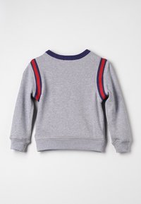 Šedá bavlněná mikina s kulatým výstřihem, žebrovanými manžetami a červenými a modrými pruhy na ramenou. Viditelné švy.