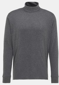 Maglione grigio a collo alto realizzato in tessuto morbido, con maniche lunghe, polsini a coste e un logo discreto sul petto.