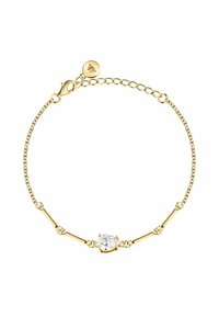 Bracciale color oro con una catena sottile, caratterizzato da una pietra centrale in zirconia cubica trasparente e piccoli accenti rotondi lungo la catena.